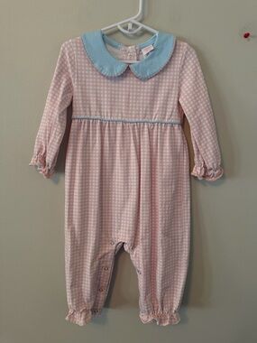 Stitchy Fish Pink Gingham Romper with Blue Peter Pan Collar